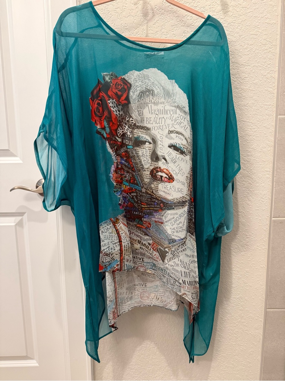 Marilyn Monroe Teal Sheer Floral Portrait Tunic Top